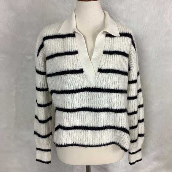 Eleven Six Black & Ivory Stripe Polo Collared Alpaca Blend Tatum Sweater XS/S - Picture 1 of 7